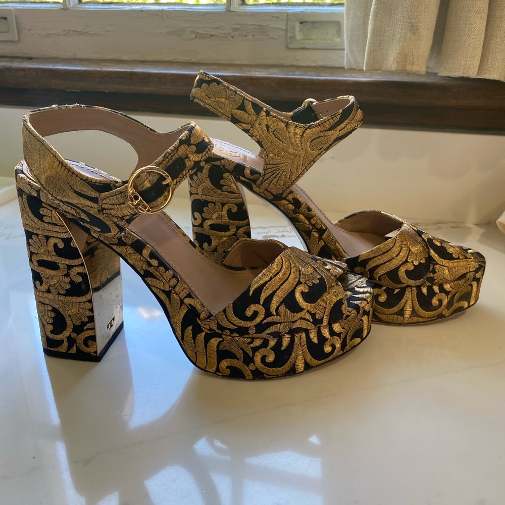 Tory Burch Black And Gold Embroidered Brocade Platform Heeled Sandals